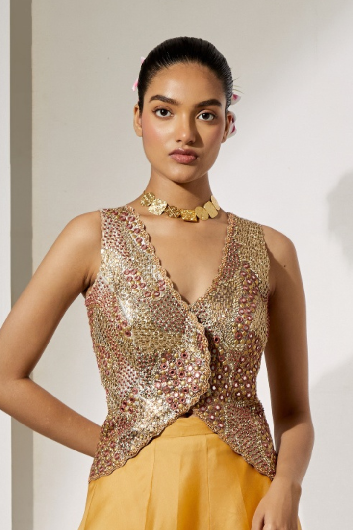 Antique Gold Sequin Overlap Vest Top