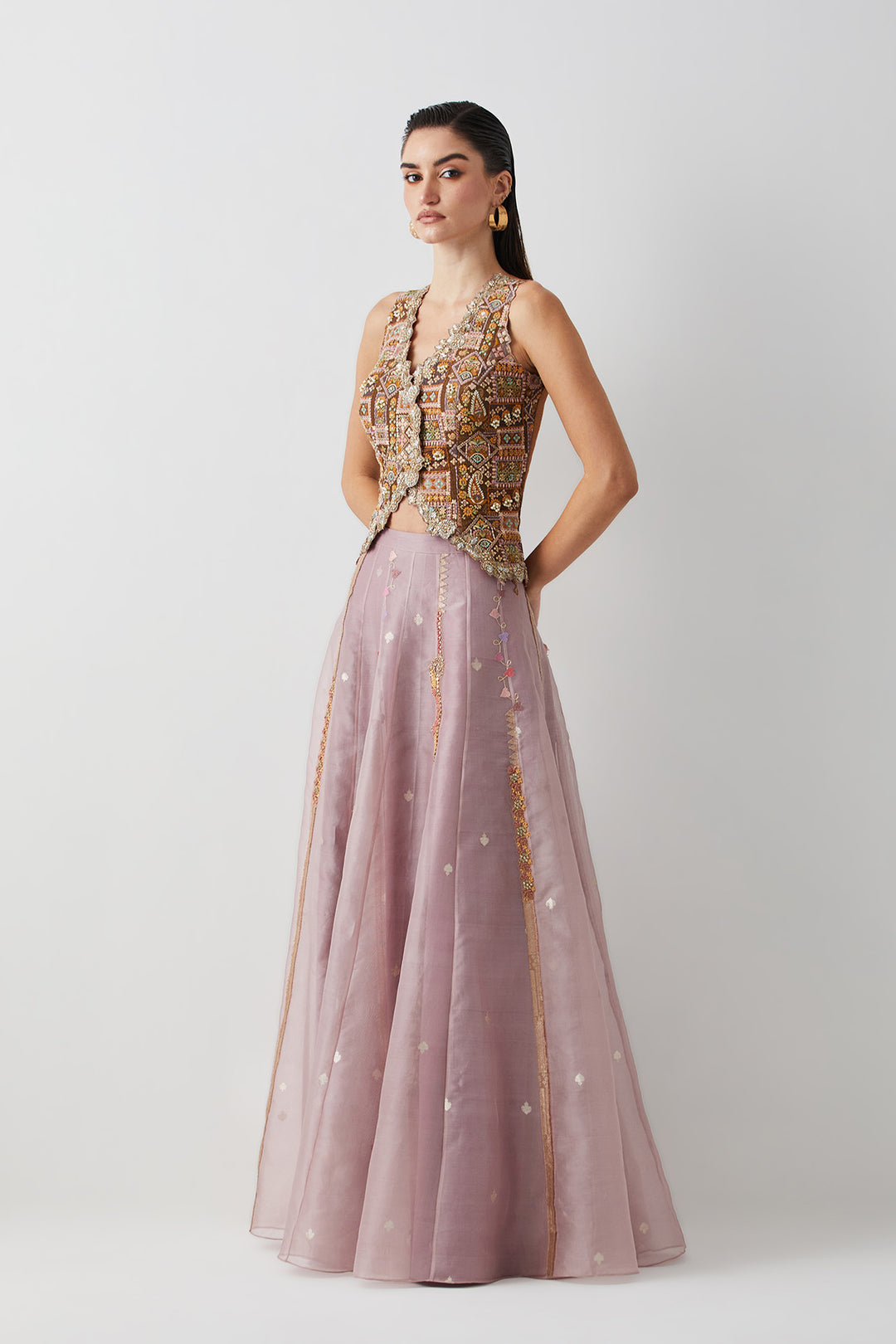 Lavender Ombre embroidered corset skirt set