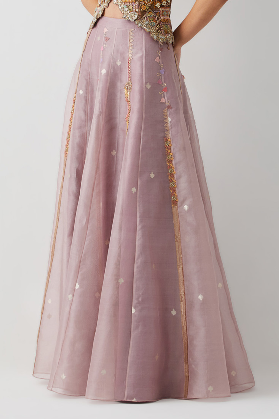 Dusty Mauve Embroidered Organza Skirt+Indigo Folk Art Handwork Cropped Vest