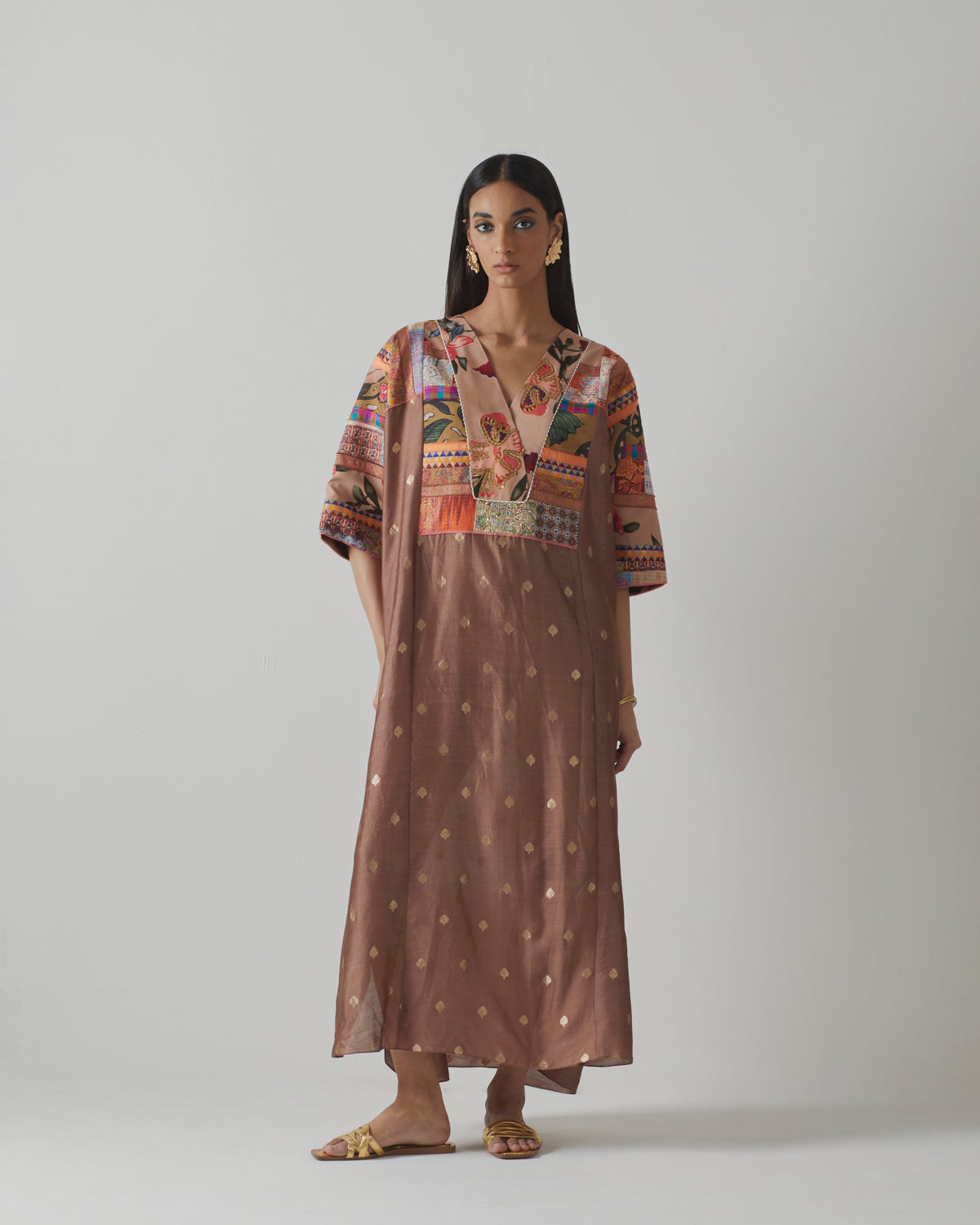 Brown Patchwork Silk Kaftan