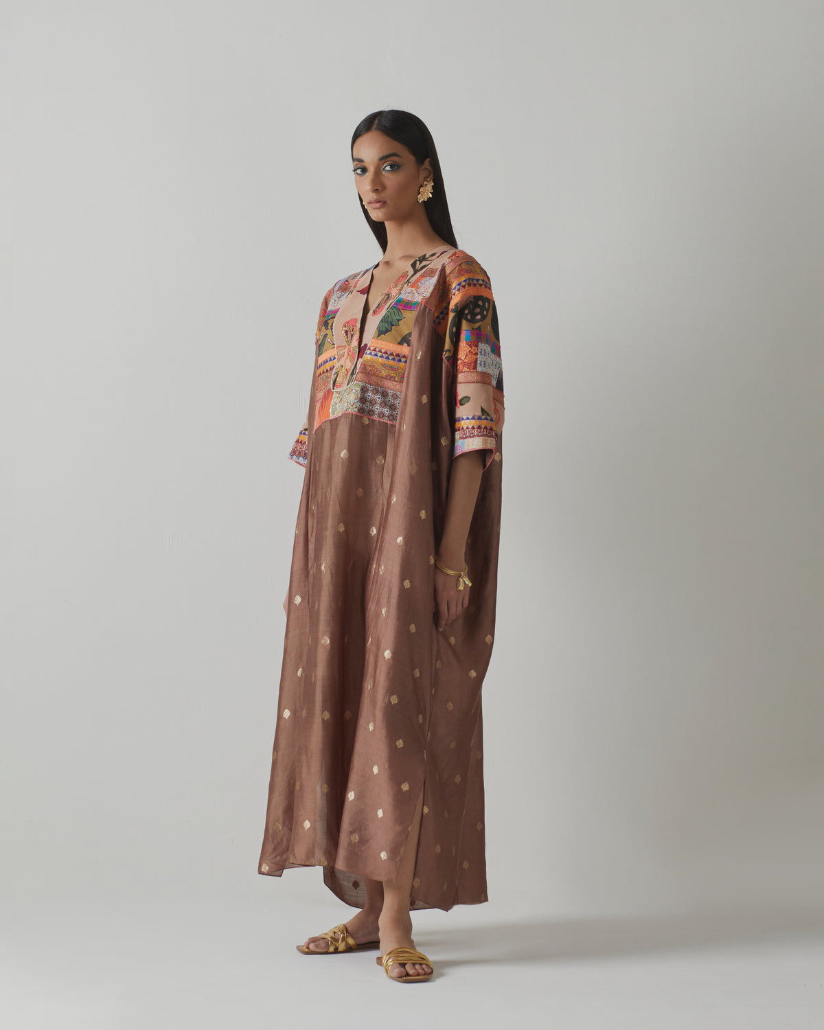 Brown Patchwork Silk Kaftan