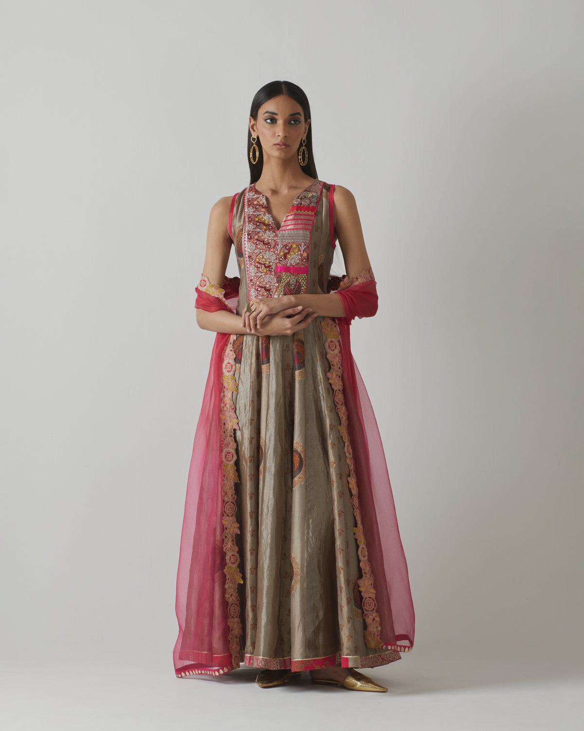 Metallic Grey & Fuchsia Anarkali Set