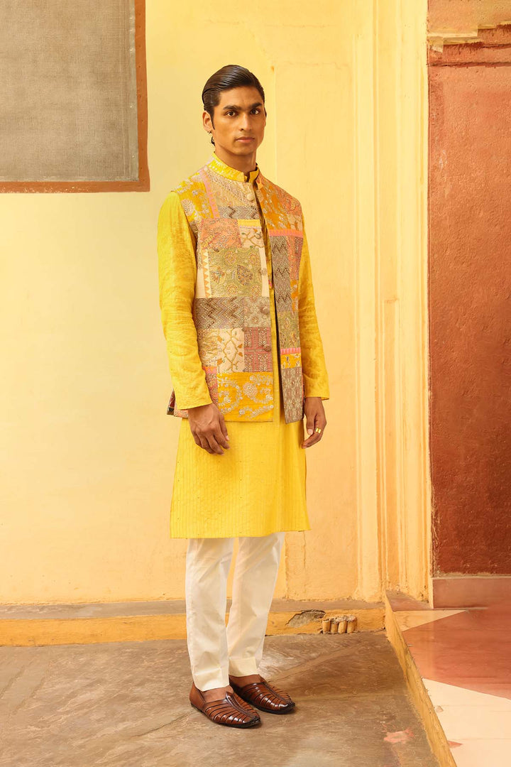 Mustard kurta set with textured jacket