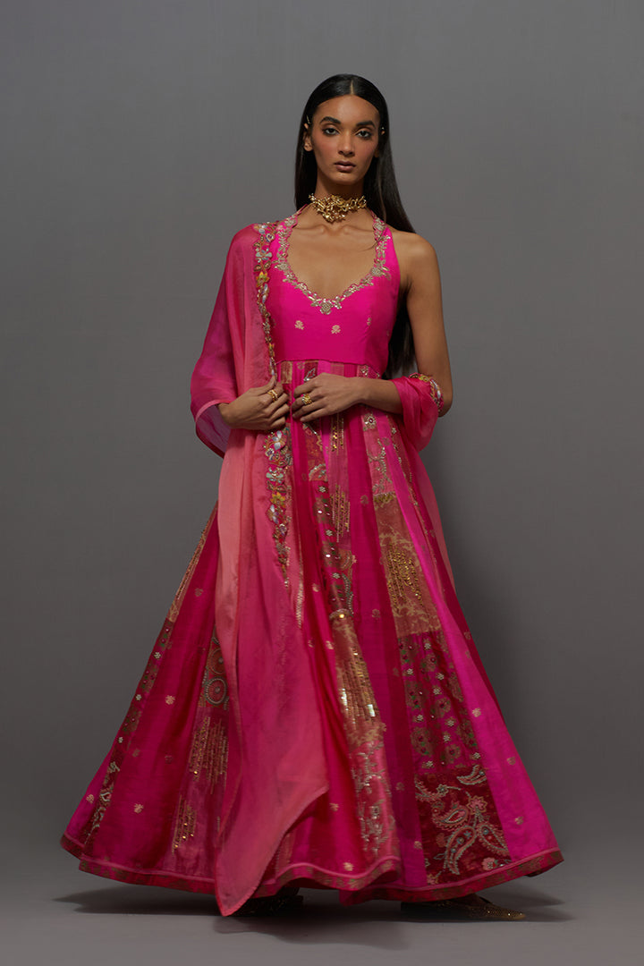 Fuchsia Embroidered Anarkali Set with Ombre Dupatta