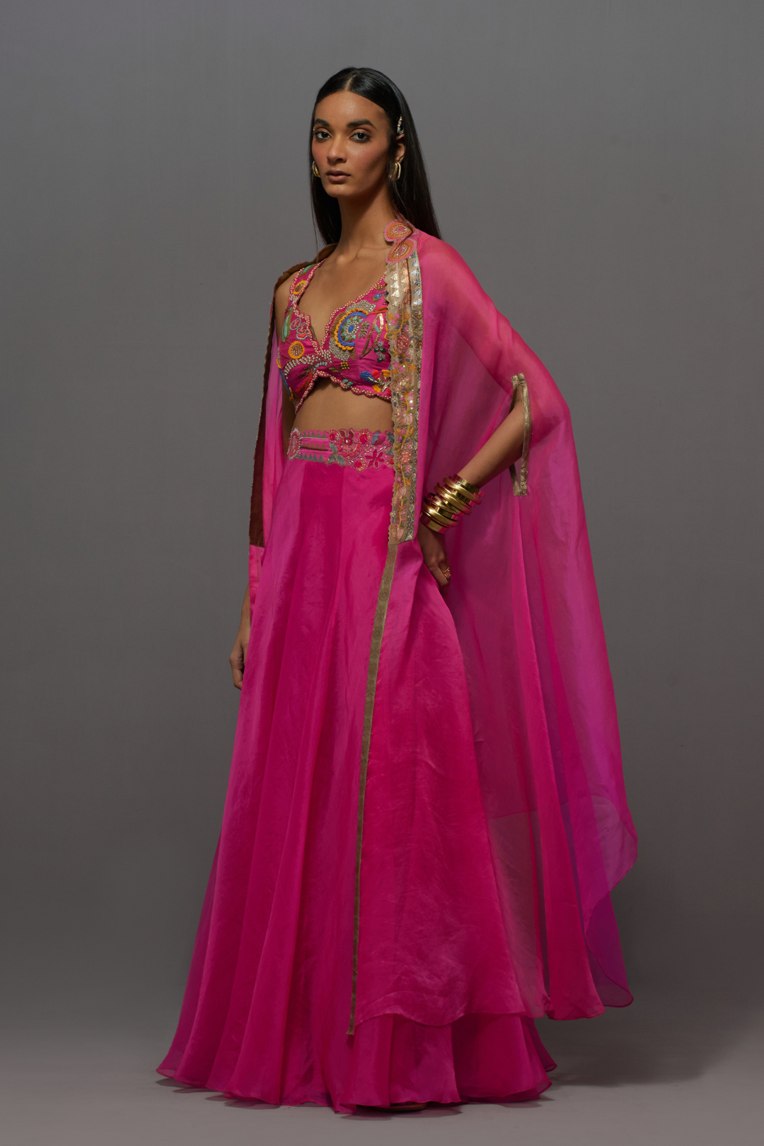 Pink embroidered skirt, cape and blouse set