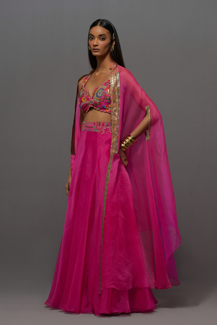 Pink embroidered skirt, cape and blouse set