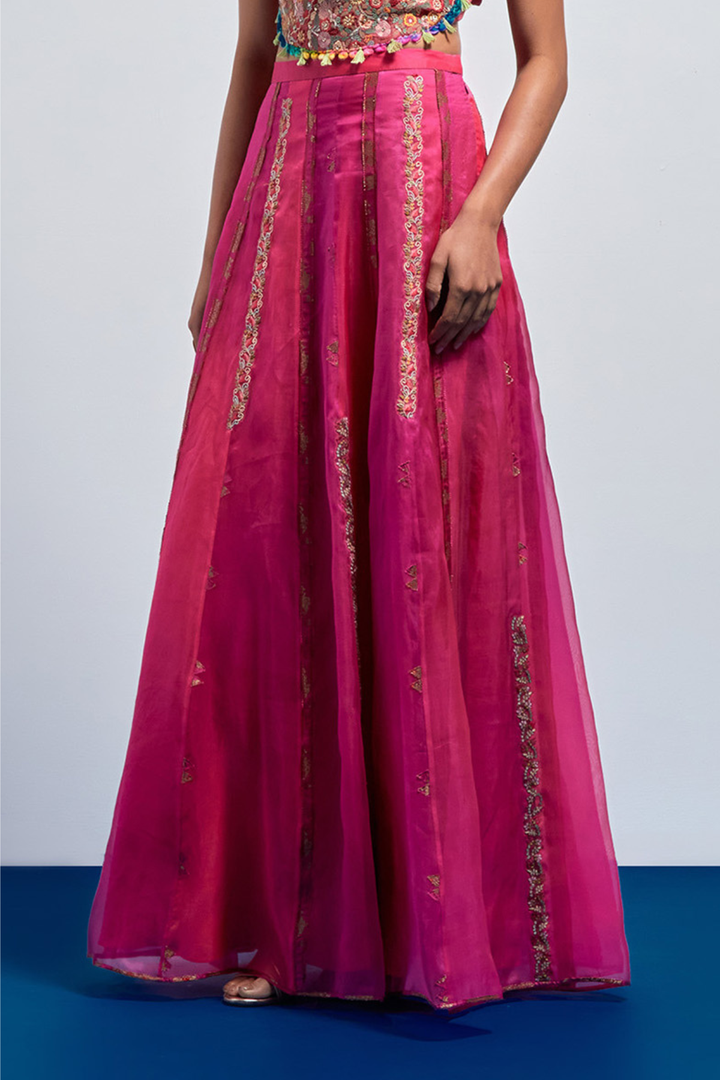 Rust Red Multi-Thread Tassel Corset+Fuchsia Pink Embroidered Organza Skirt