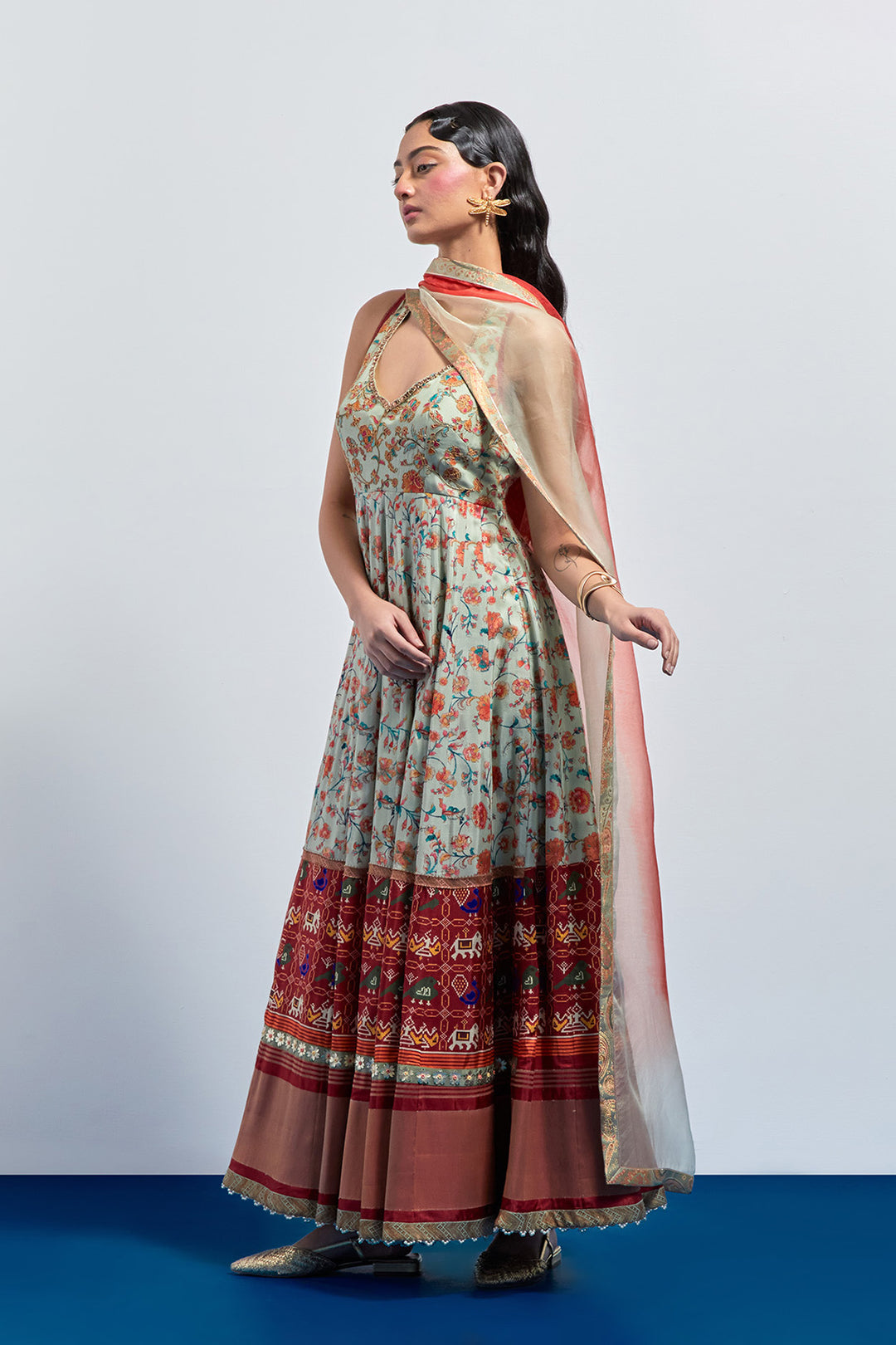Saga green and rust block print anarkali set