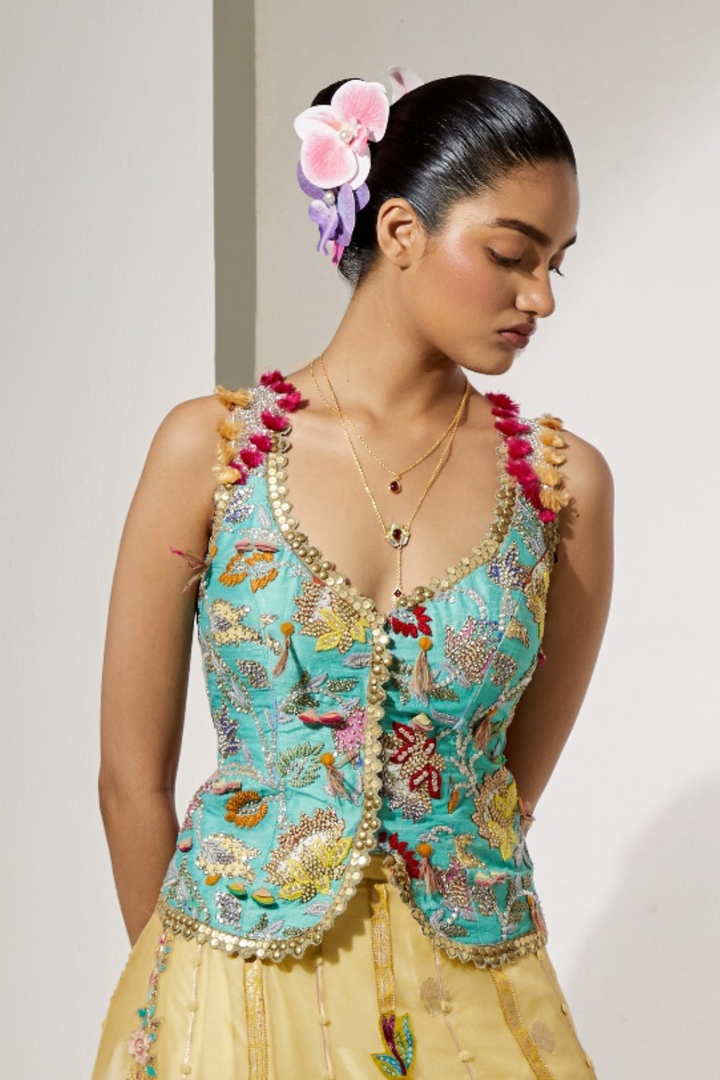 Fuschia Organza Flared Skirt+Aqua Resham Work Corset with Tassel Straps