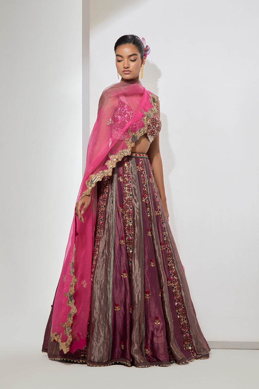 Wine Embroidered Lehenga Set with Organza Dupatta