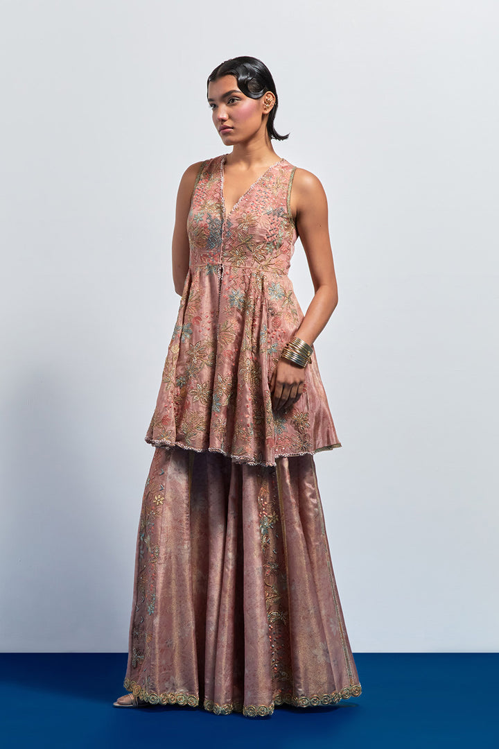 Pink embroidered peplum sharara set