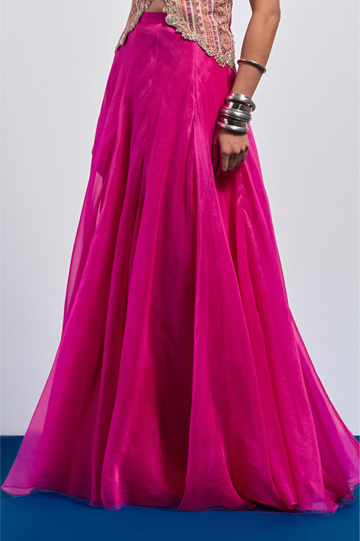 Nude-Pink Embroidered Scallop Corset+Fuschia Organza Flared Skirt