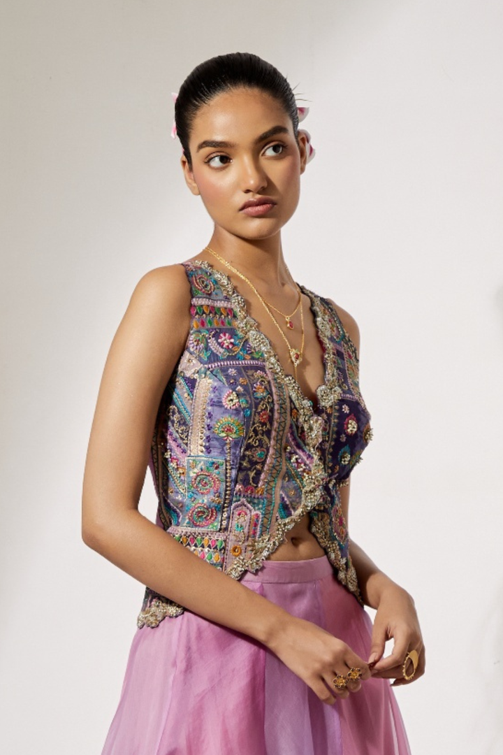 Dusty Mauve Embroidered Organza Skirt+Indigo Folk Art Handwork Cropped Vest
