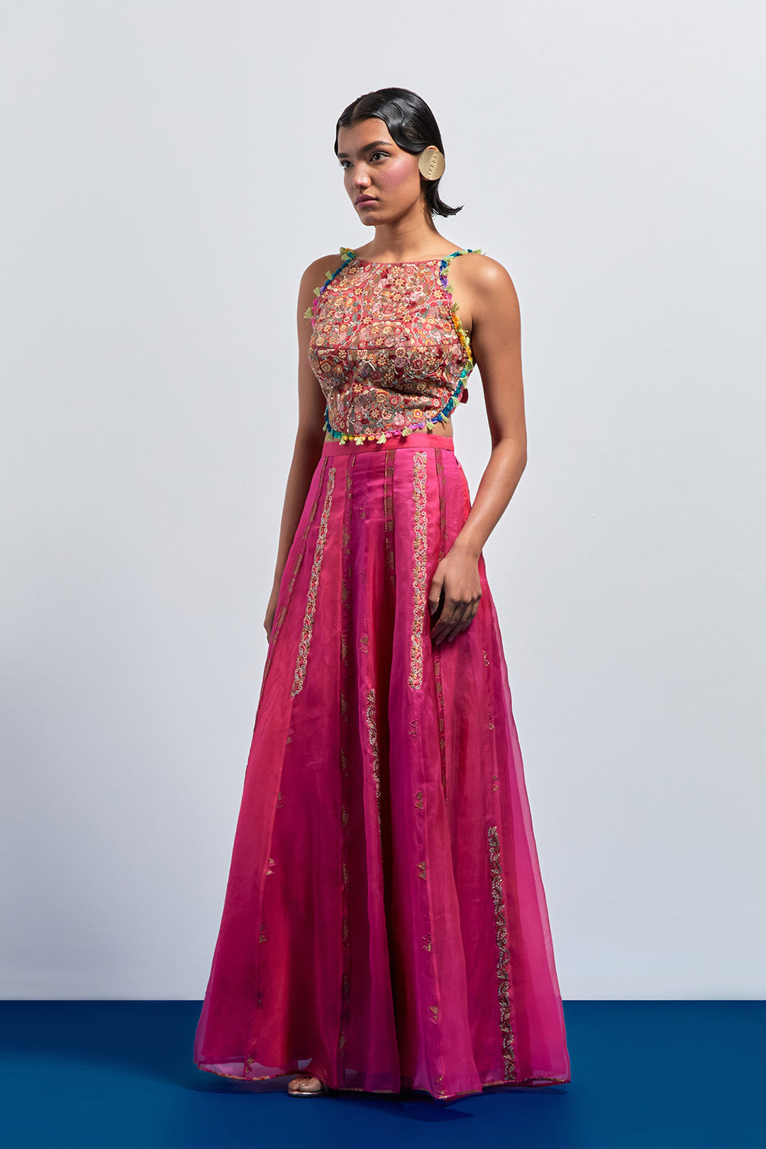 Fuchsia embroidered corset skirt set