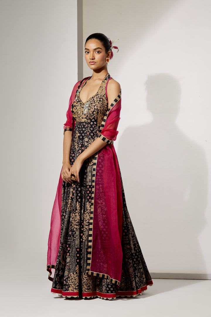 Noir Zari Silk Anarkali Set | RTS