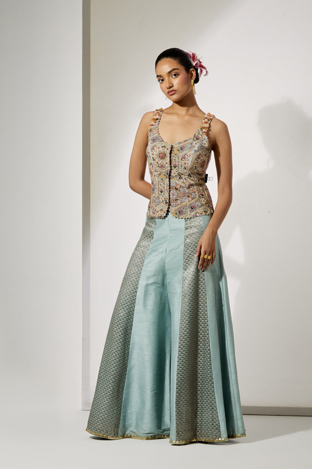 Powder Blue Embroidered Corset &amp; Sharara Set