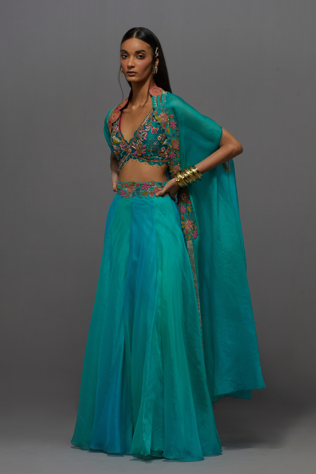 Turquoise blue embroidered skirt, cape and blouse set