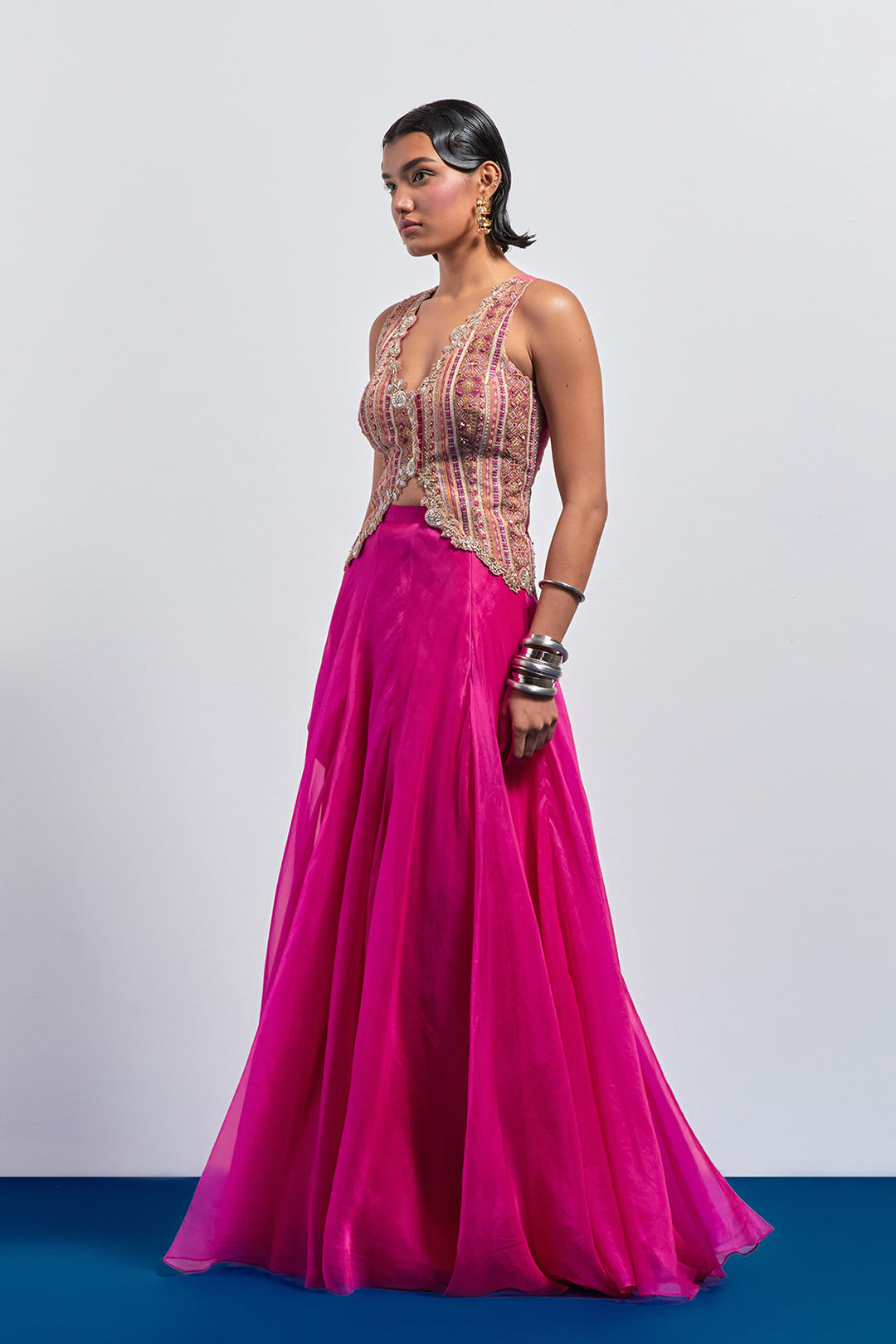 Hot pink embroidered corset skirt set