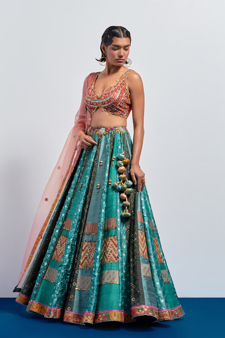 Teal green embroidered lehenga set