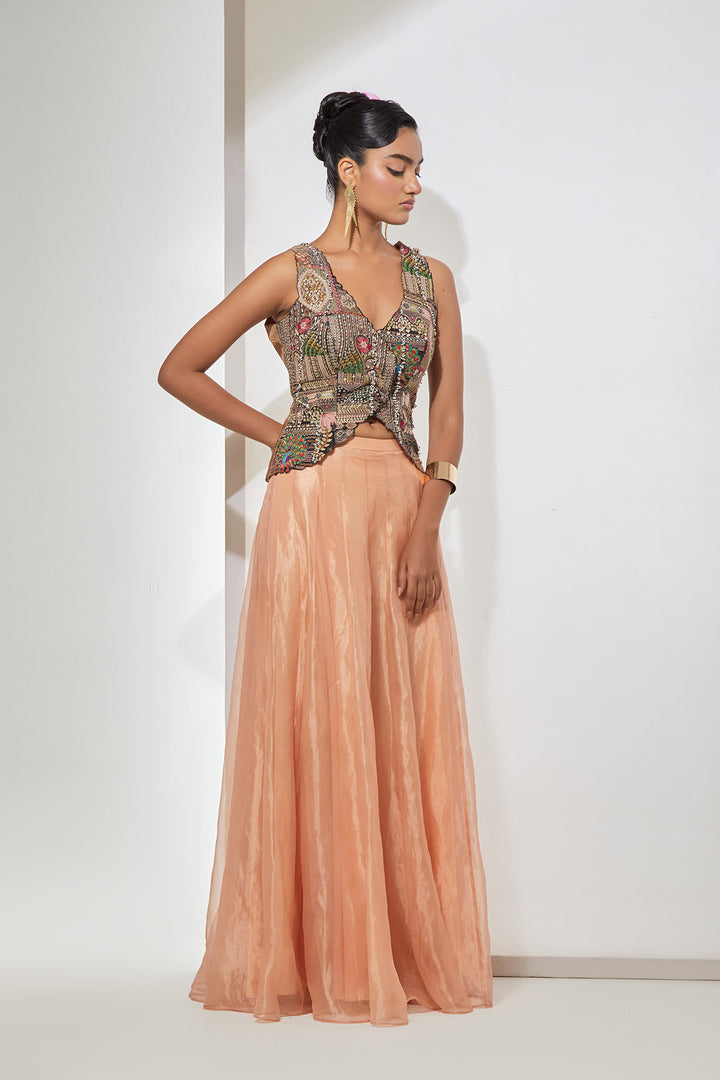 Noor Hand-Embroidered Silk Corset &amp; Organza Skirt Set