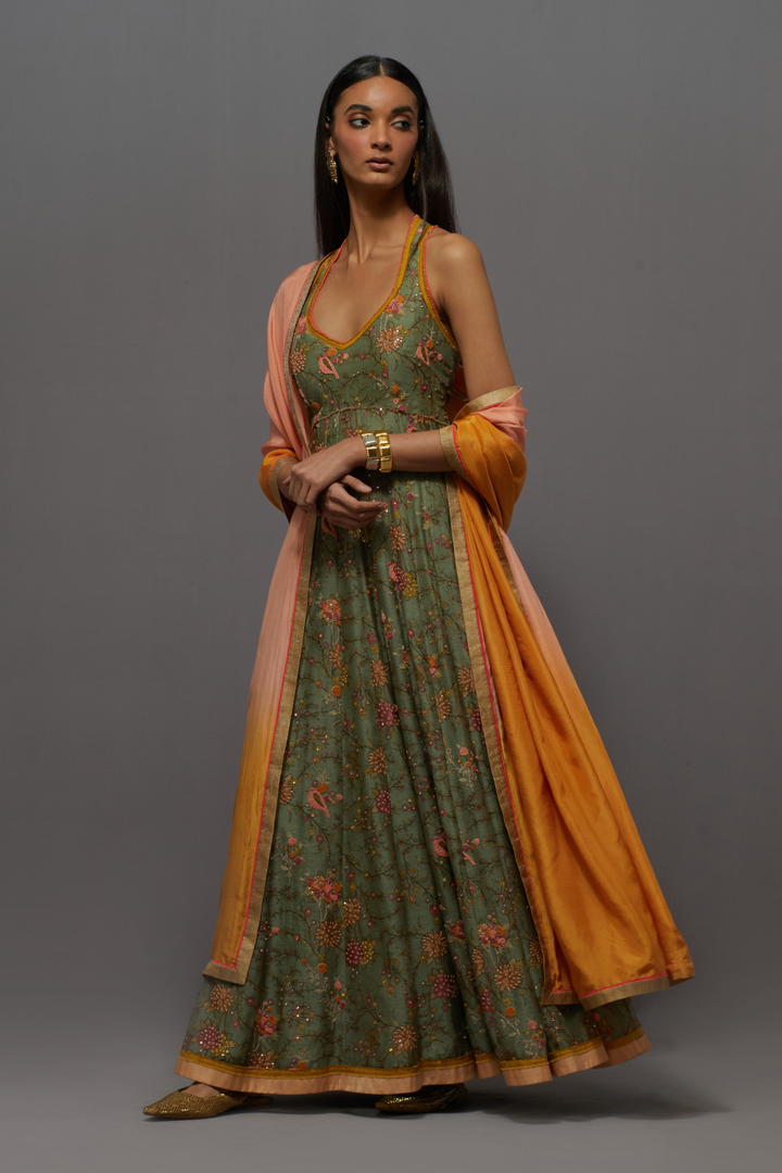 Olive green embroidered anarkali gown with dupatta