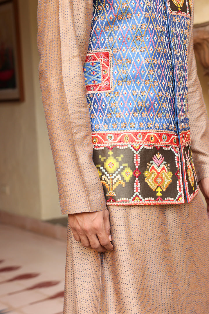 Royal Blue Silk Ikat Patchwork Bandi Set