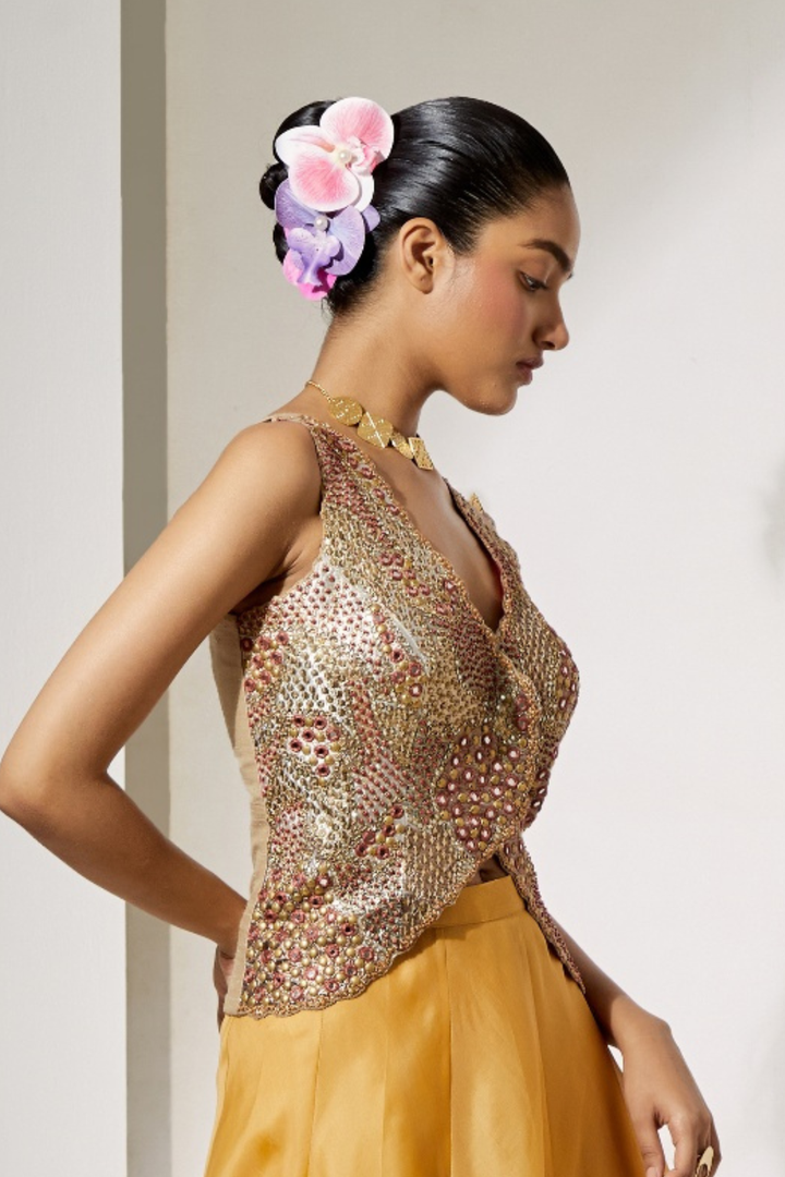 Antique Gold Sequin Overlap Vest Top