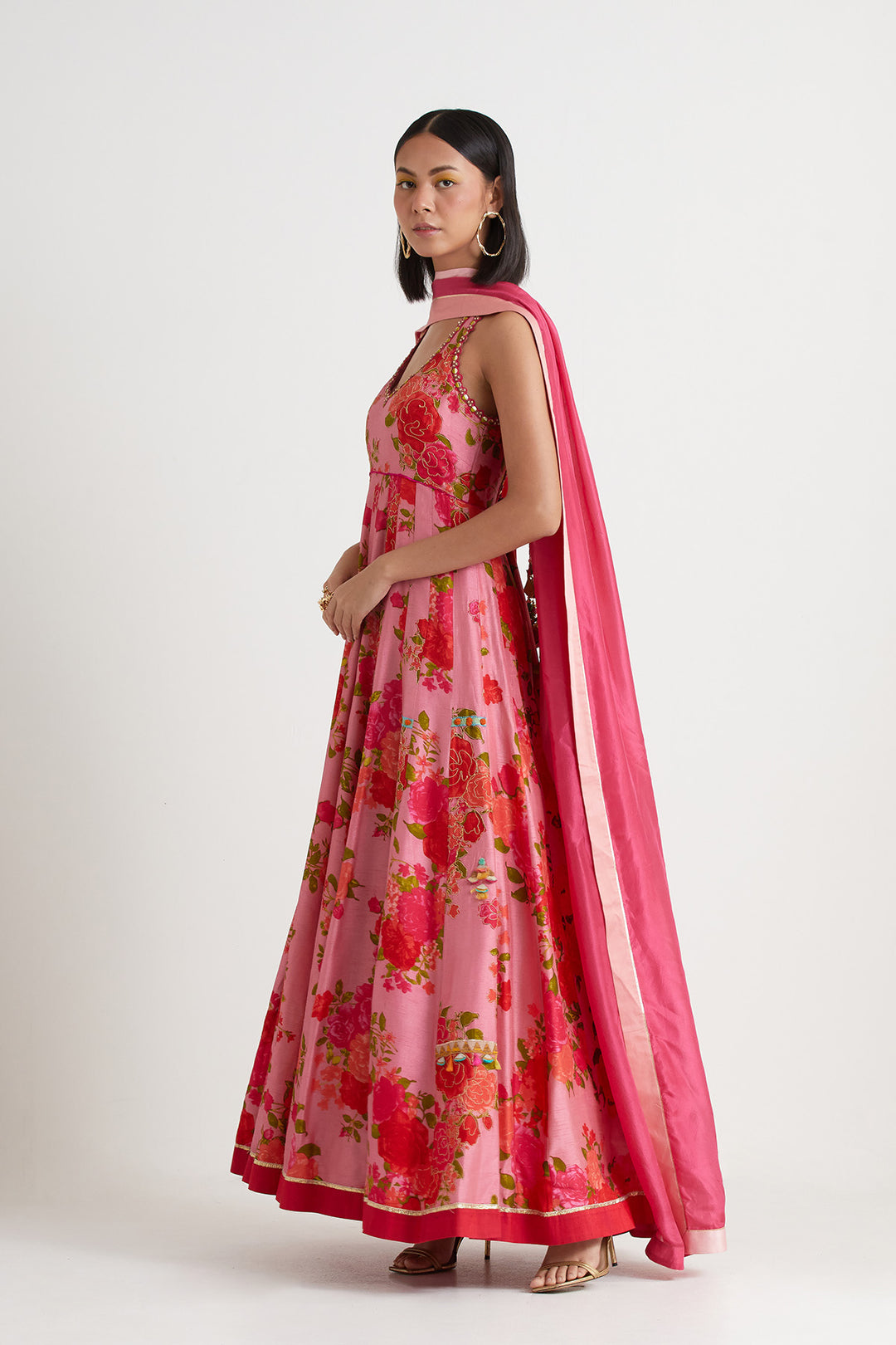 Pink printed embroidered anarkali gown with dupatta