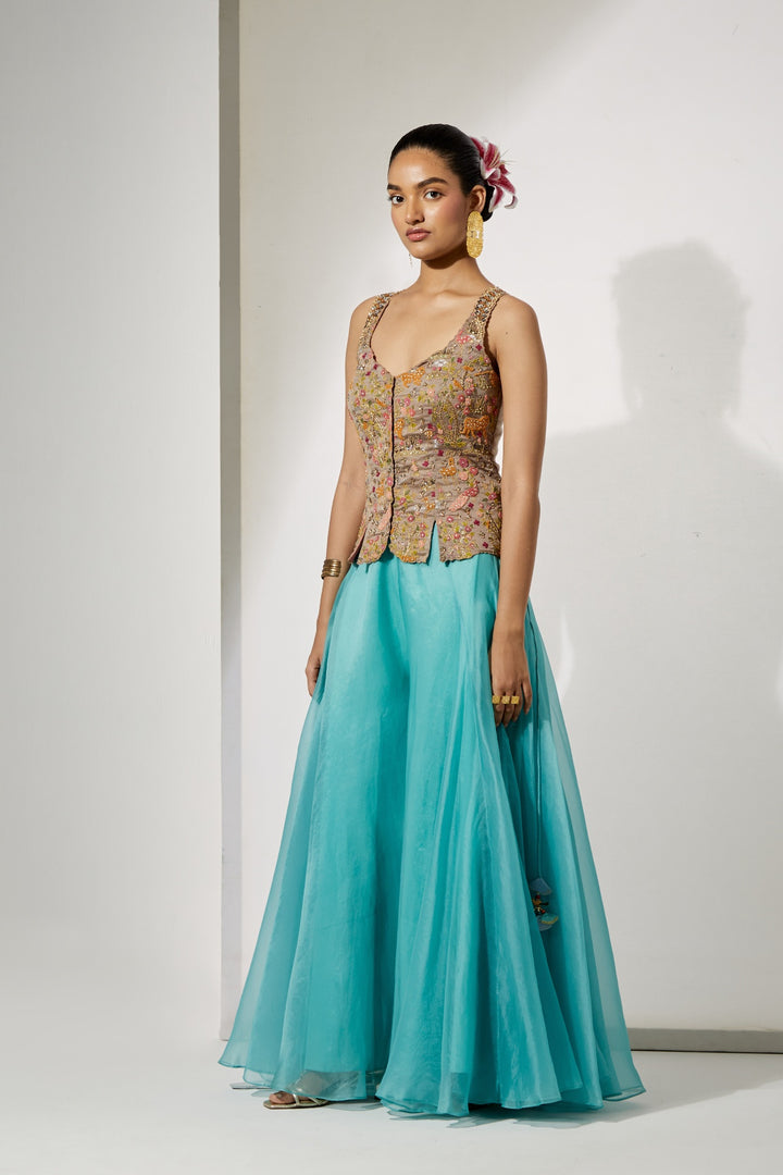 Grey Embroidered Corset &amp; sky blue Organza Skirt Set