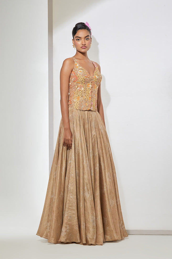 Champagne Gold Embellished Corset with Brocade Skirt Set