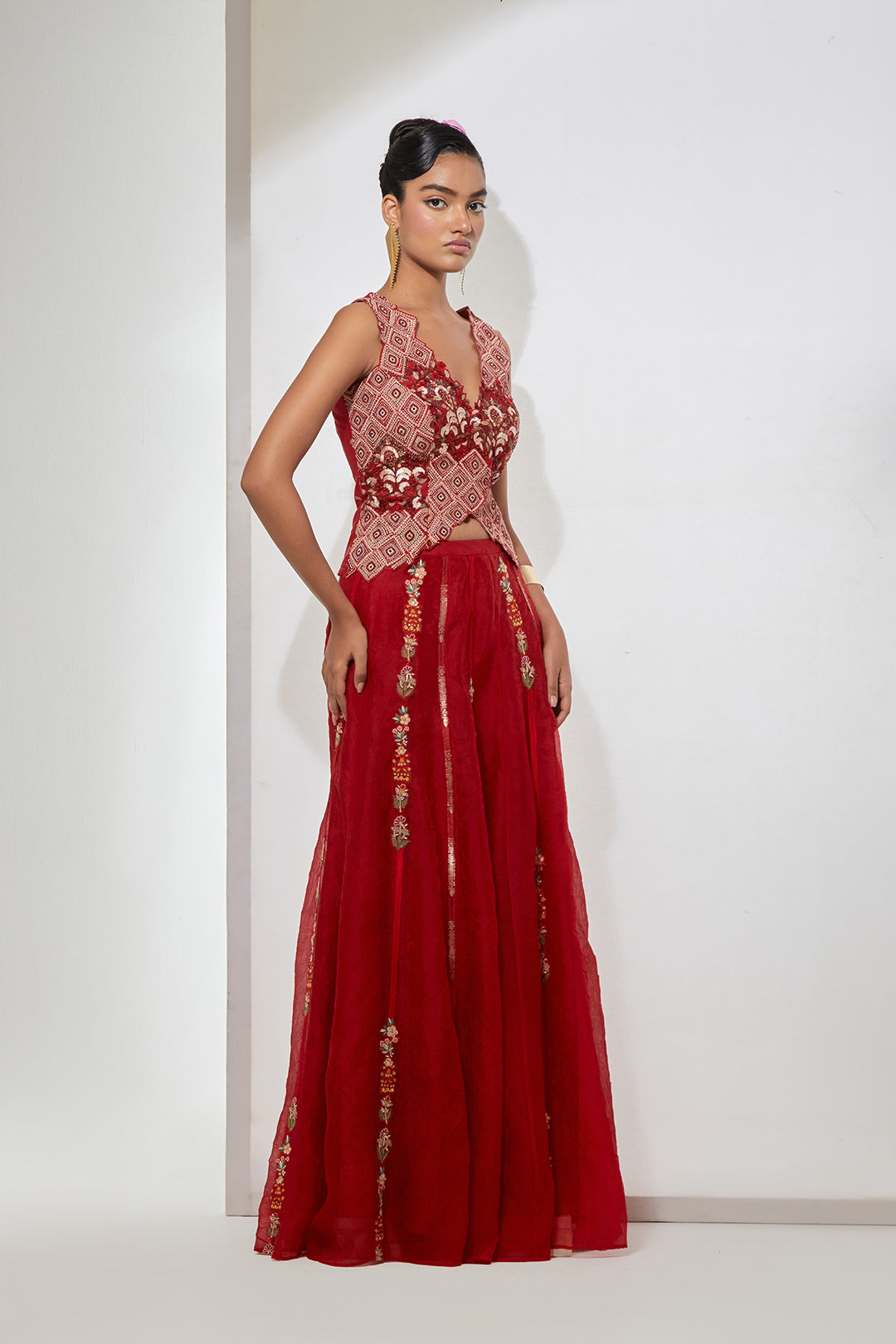 Gulab Crimson Hand-Embroidered Silk Corset &amp; Organza Skirt