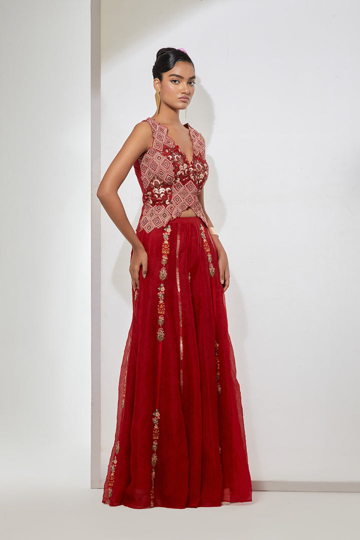 Gulab Crimson Hand-Embroidered Silk Corset &amp; Organza Skirt