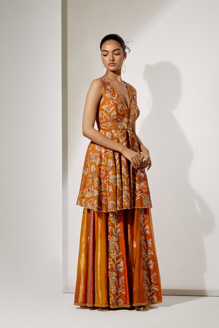 Rust Bloom Peplum Sharara Set