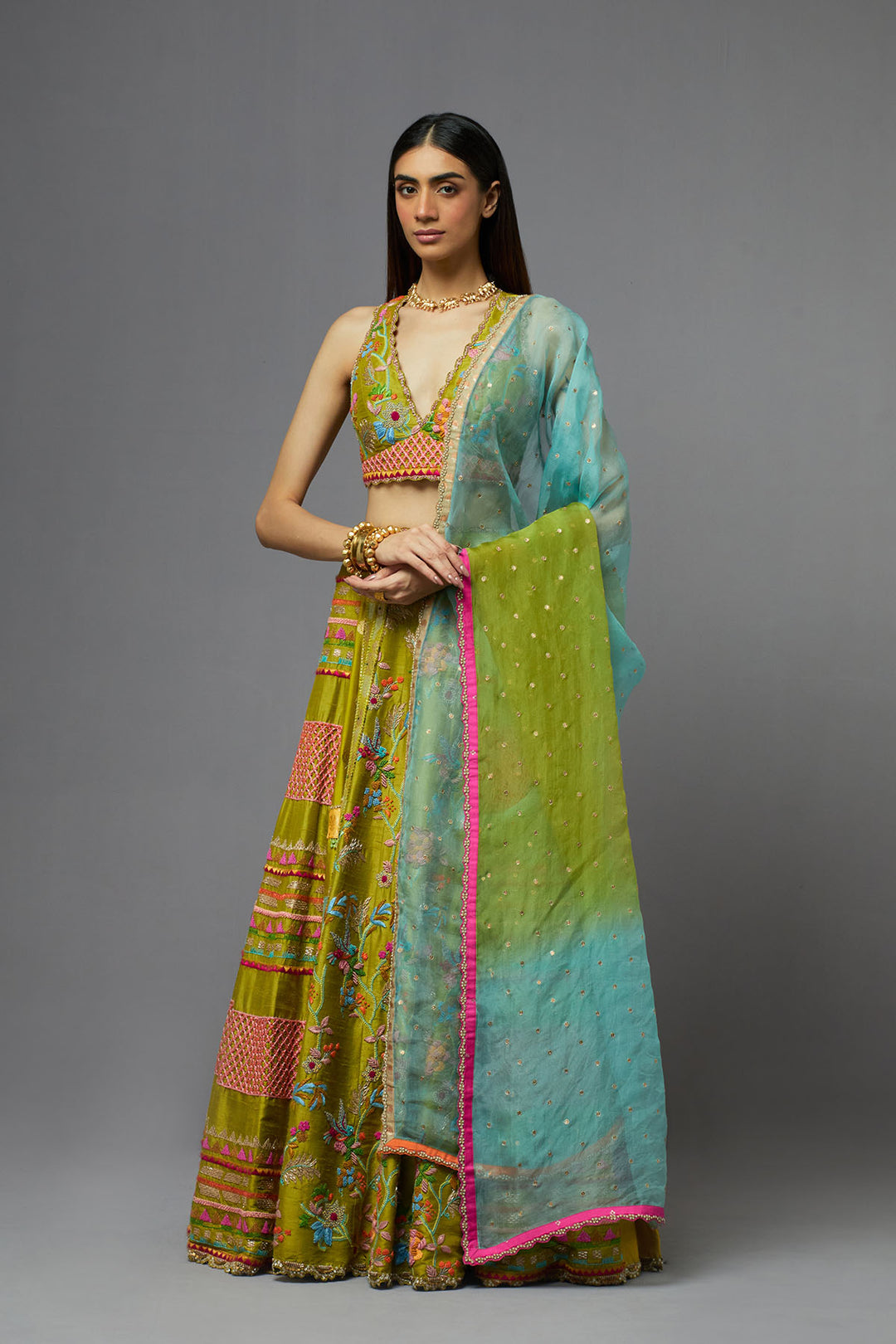 Multicolour sleeveless lehenga set with ombre dupatta