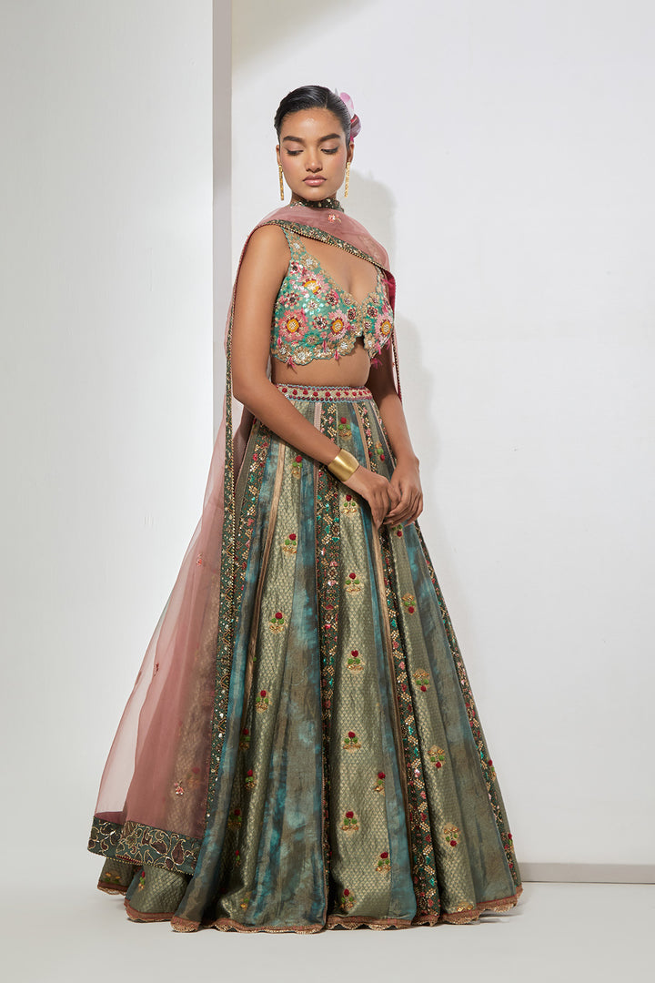 Turquoise Embroidered Lehenga Set with Ombre Dupatta