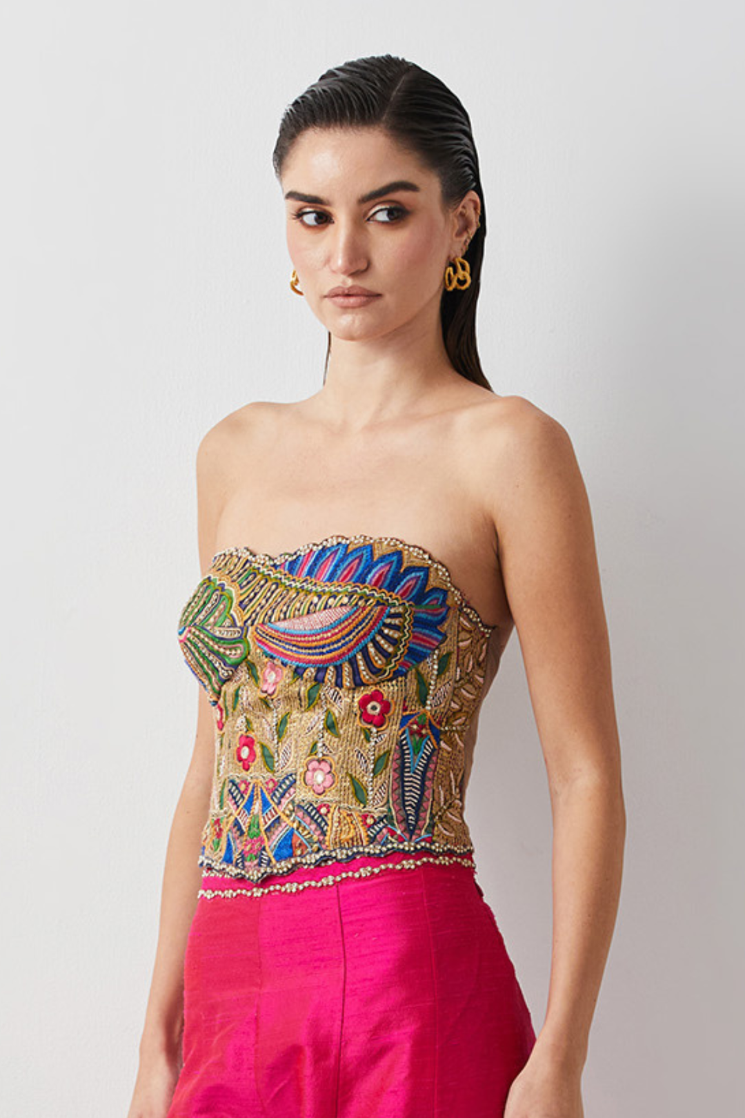 Multicolor Garden Embroidered Corset+Fuchsia High-Waist Pleated Palazzo Pants
