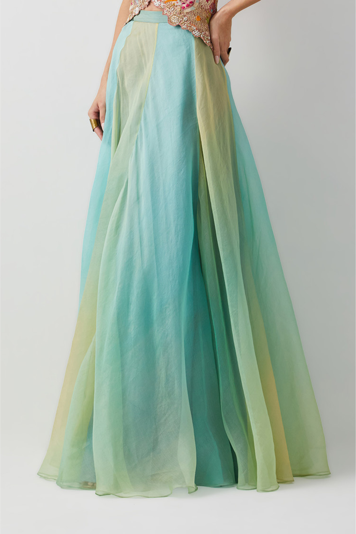 Ombre Aqua-Green Organza Skirt+Aqua Gold Embroidered Corset