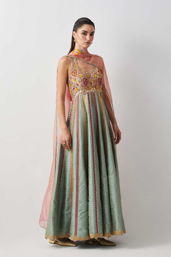 Aqua Silk Hand Embroidered Anarkali Set with Organza Dupatta