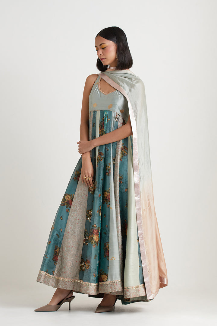Blue embroidered anarkali gown with dupatta