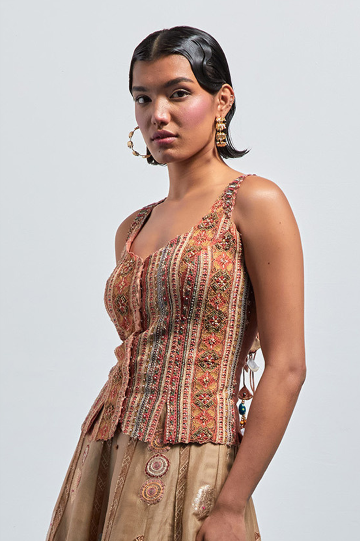 Multicolour tribal embroidered corset top