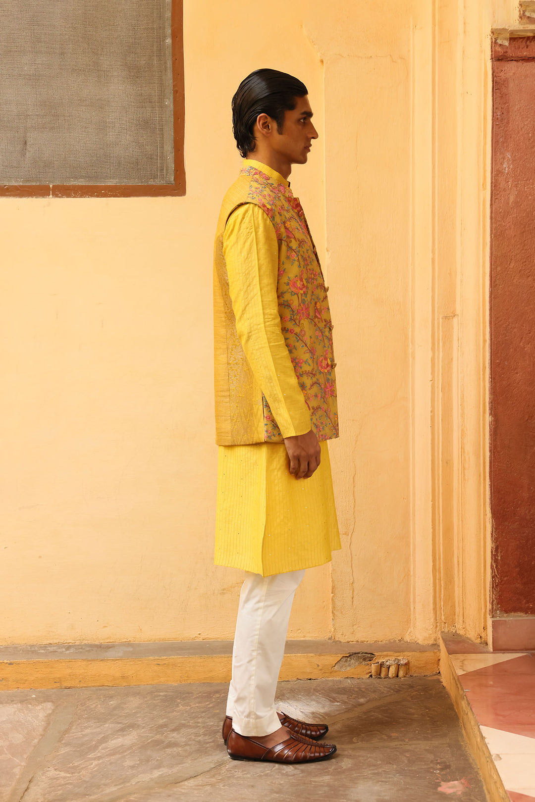 Sunshine Yellow Silk Brocade Jaal Bandi Set