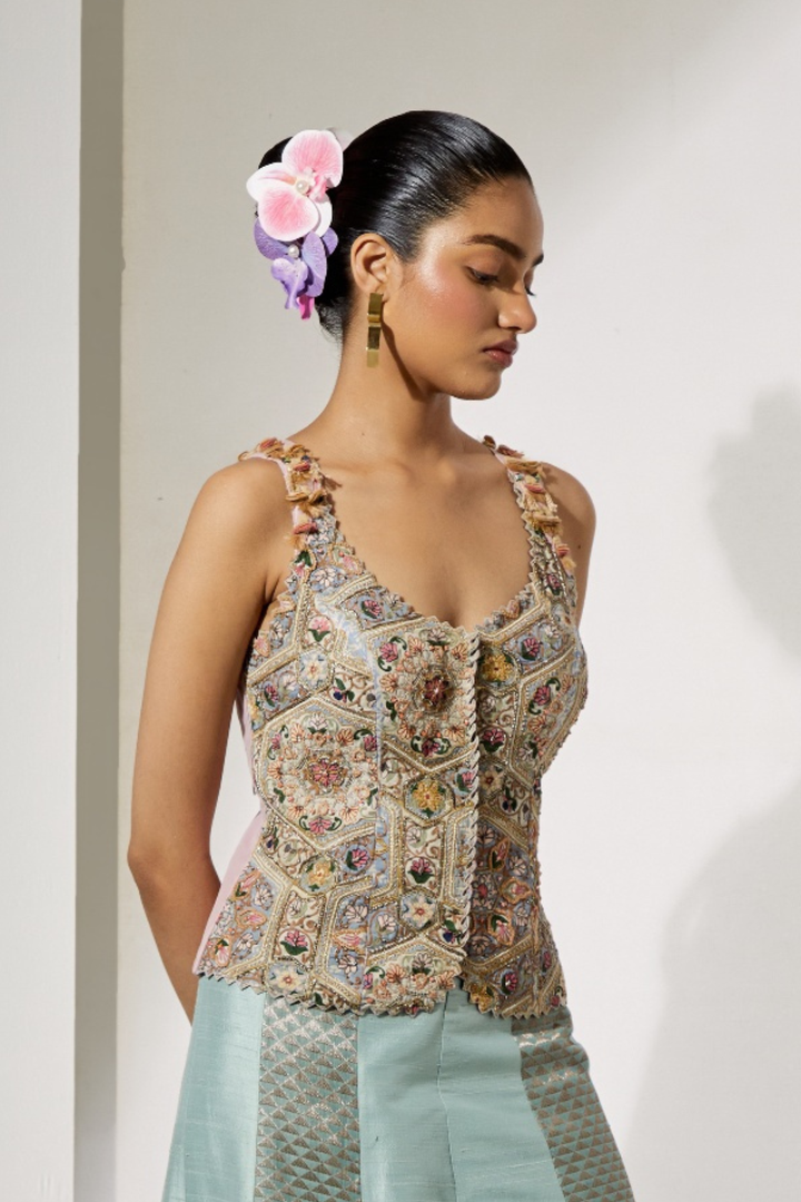 Ivory Multi-Floral Threadwork Corset Vest+Turquoise Organza Flared Skirt