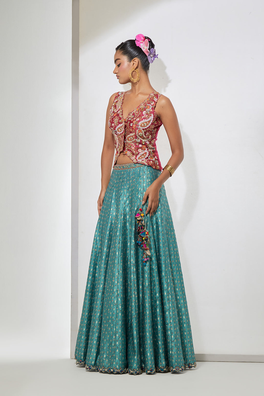 Rani Pink Embroidered Vest &amp; Teal Banarasi Lehenga