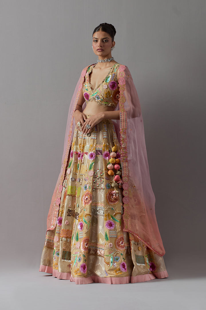 Beige Gold Embroidered Lehenga Set with Blush Pink Dupatta