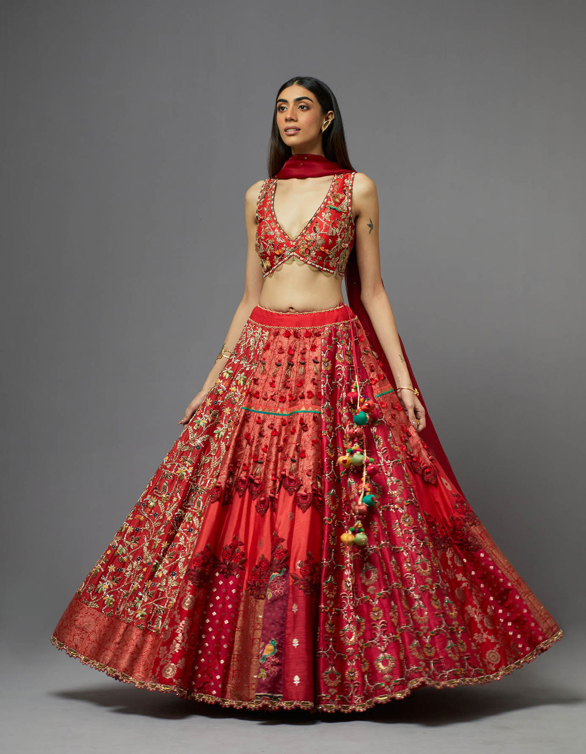 Red Embroidered Lehenga Set