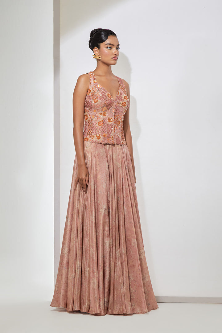 Blush Pink Embellished Corset with Brocade Skirt Set