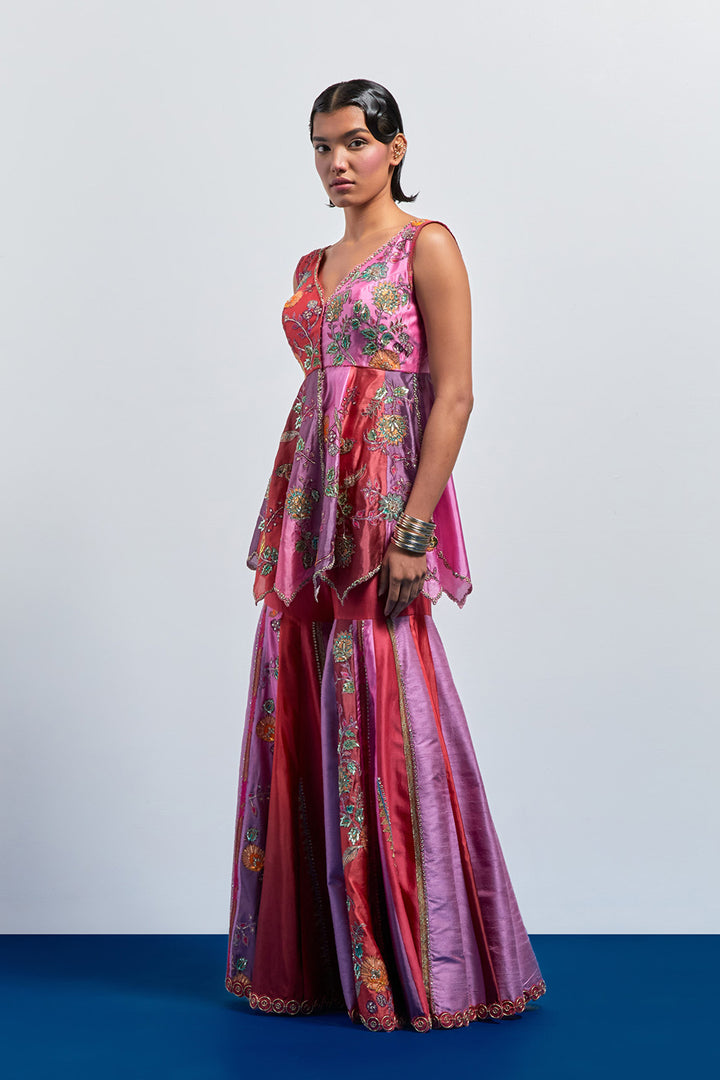 MAuve pink ombre Embroidered peplum sharara set