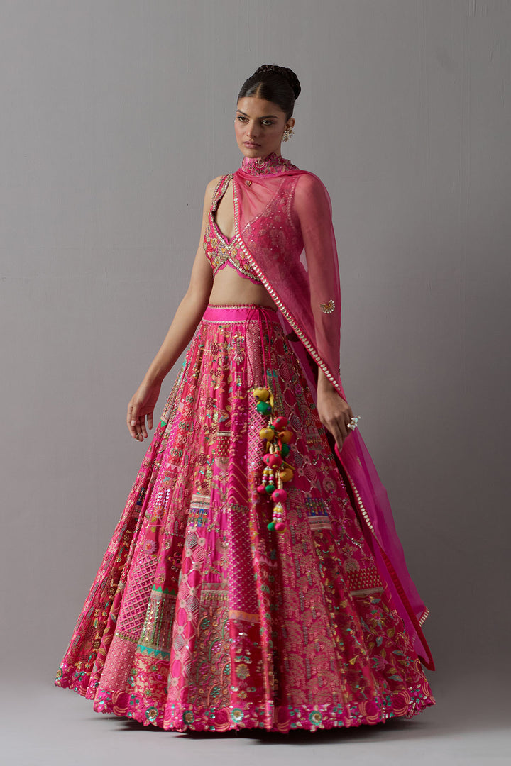 Hot pink embroidered lehenga choli with dupatta