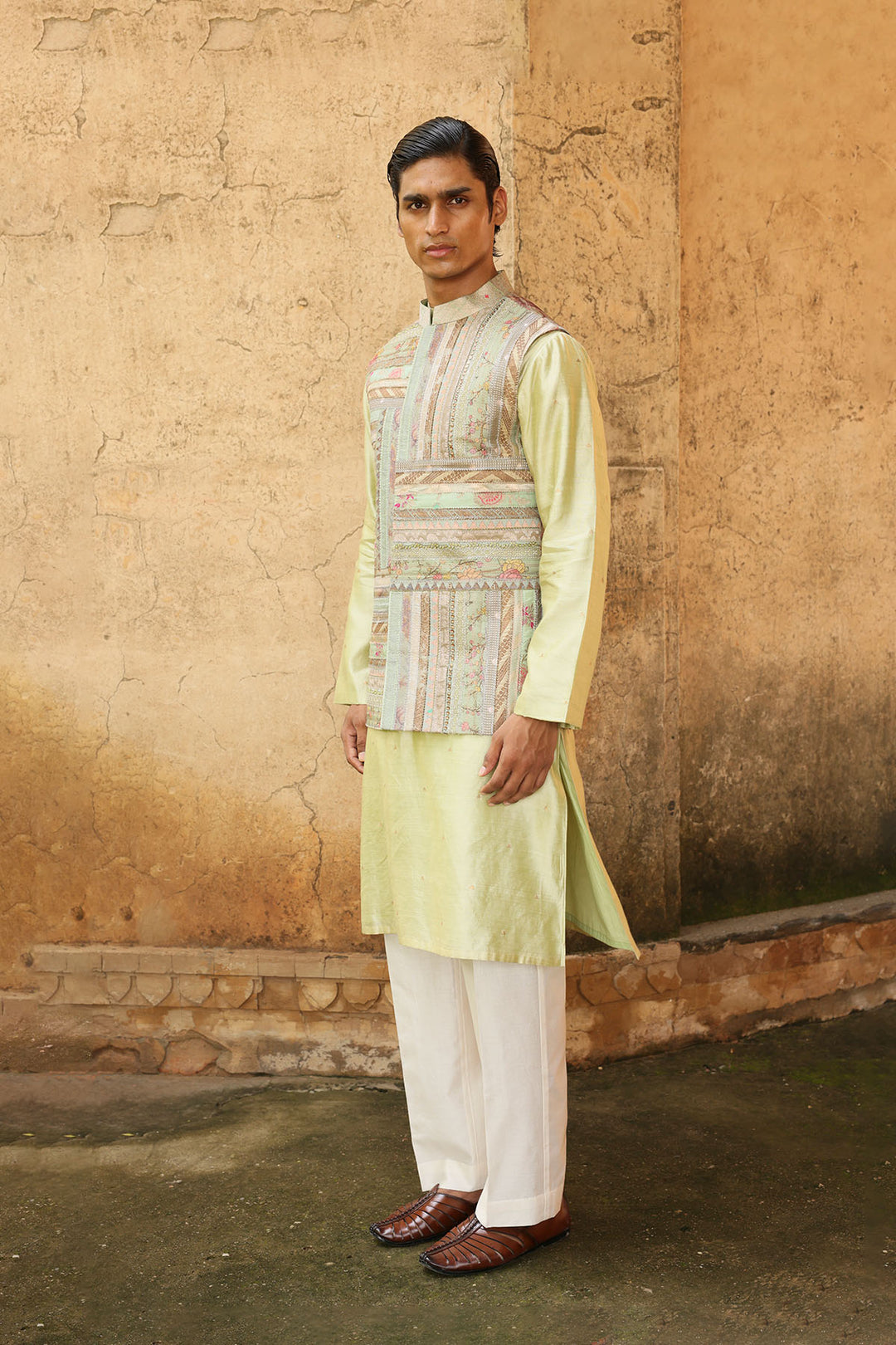 Mint Green Silk Kurta Set with Brocade Jacket
