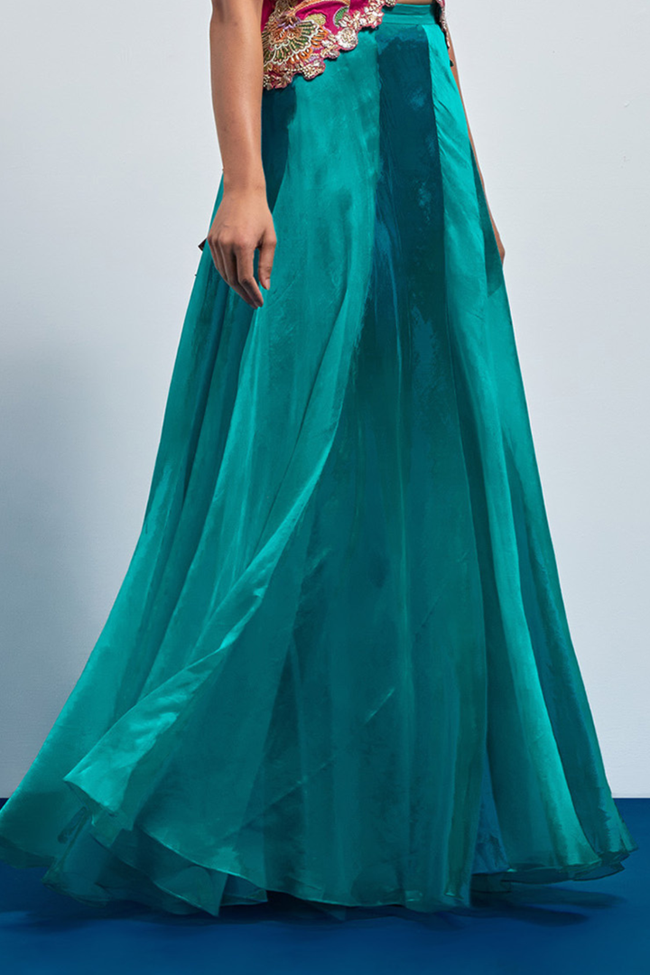 Teal Organza Flared Lehenga Skirt+Mustard Cheetah &amp; Floral Threadwork Waistcoat